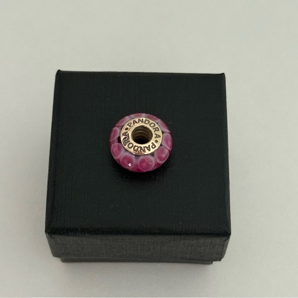Pandora 14K Yellow Gold Pink Lotus Murano Glass Rare Retired Charm - Picture 8 of 9